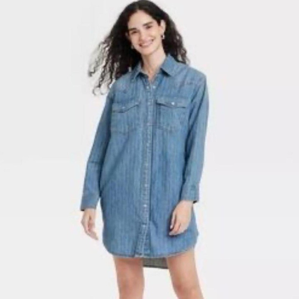 Universal Thread Women's Long Sleeve Mini Denim Button Up Shirtdres
